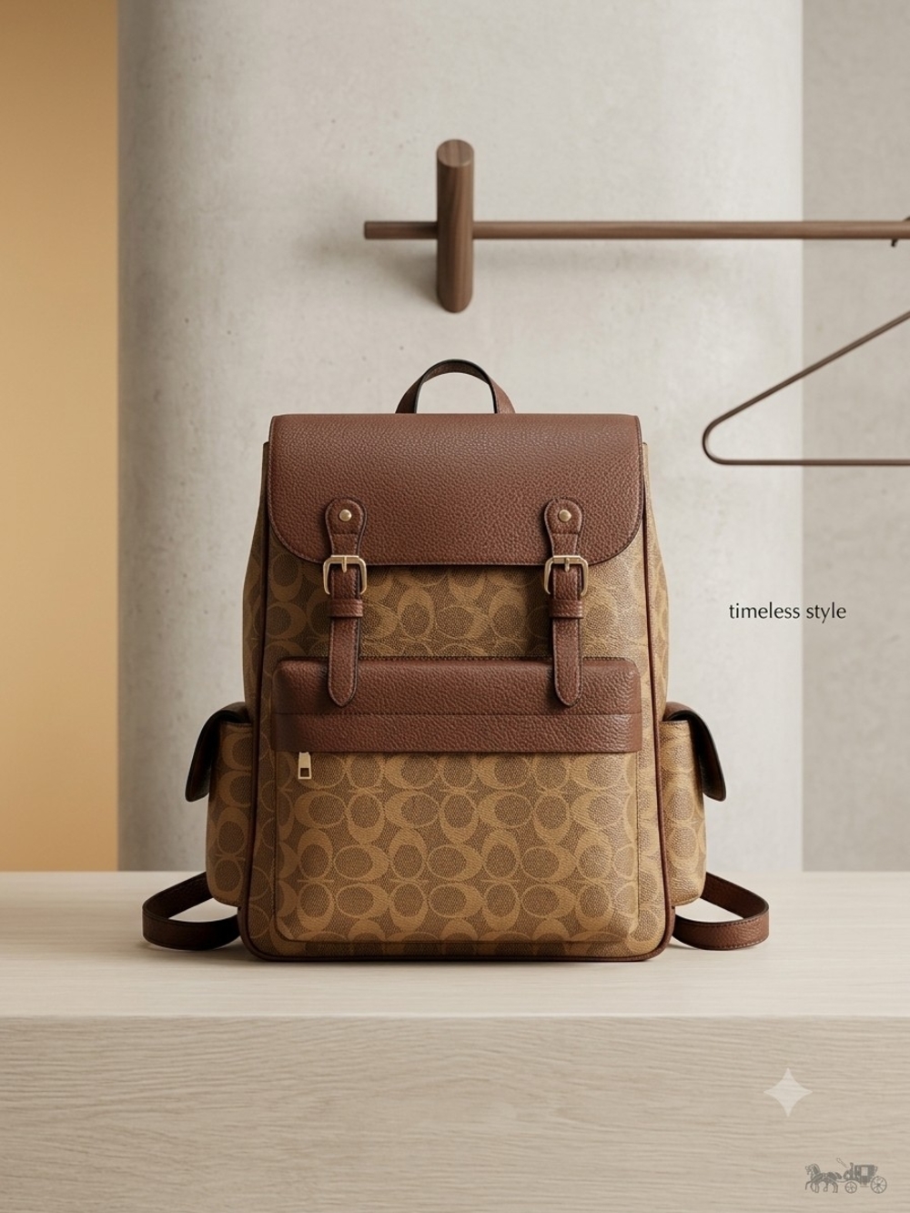 Designer Inspired Tan and Brown Signature Canvas Backpack with Leather Trim
